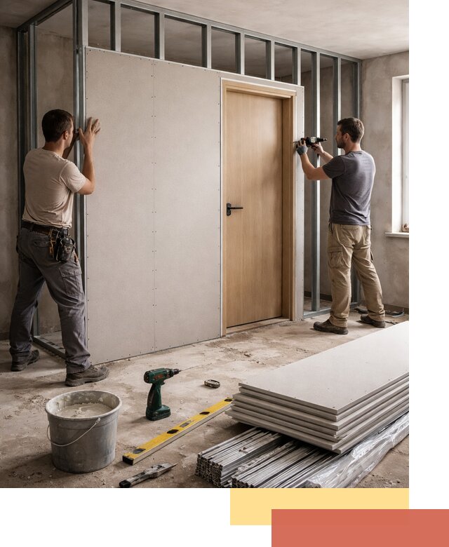 Перегородка из гипсокартона с дверью под ключ в Алексеевке