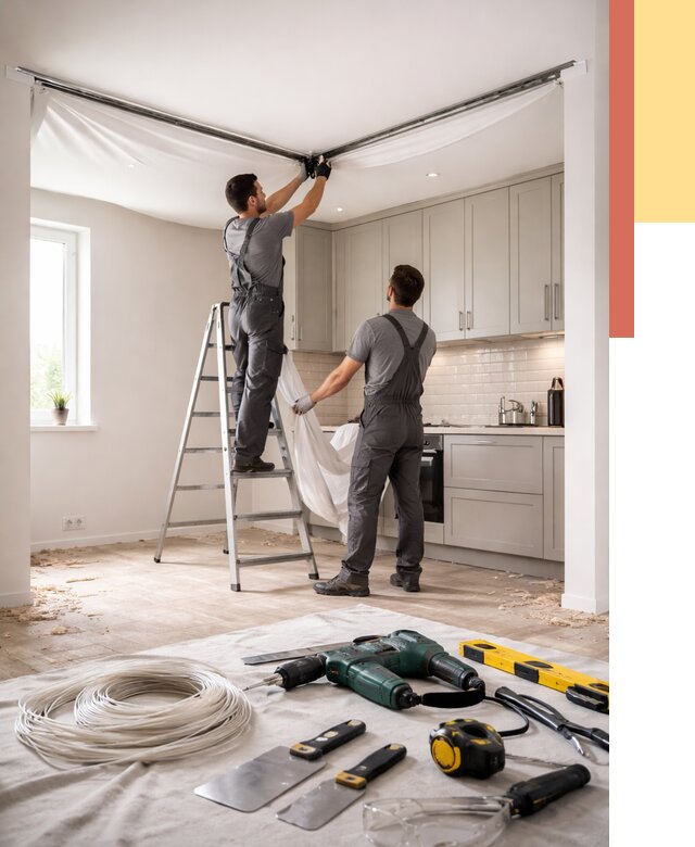 Установка натяжного потолка на кухне в Алексеевке от 2430 руб. | ОТДЕЛОЧНИК-Лкв