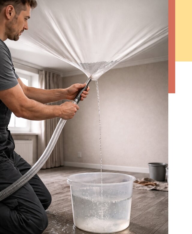 Слив воды с натяжного потолка в Алексеевке от 2531 руб. быстро и недорого | ОТДЕЛОЧНИК-Лкв