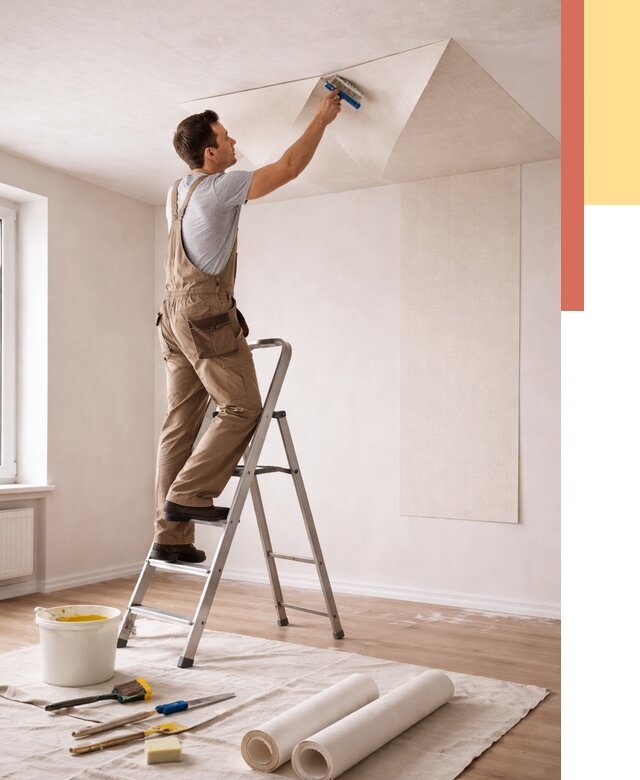 Поклейка обоев на потолок в Алексеевке от 4556 руб. быстро и недорого | ОТДЕЛОЧНИК-Лкв